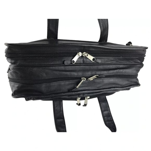 Ili Unisex Black Leather Inner Zip Pockets Top Handle Briefcase Document Case - Picture 6 of 12
